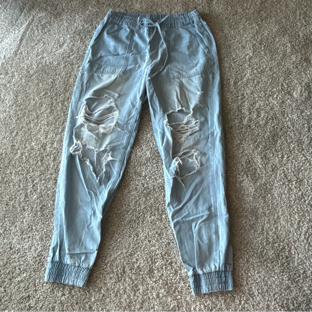 Indigo Rein light blue denim elastic waist pants